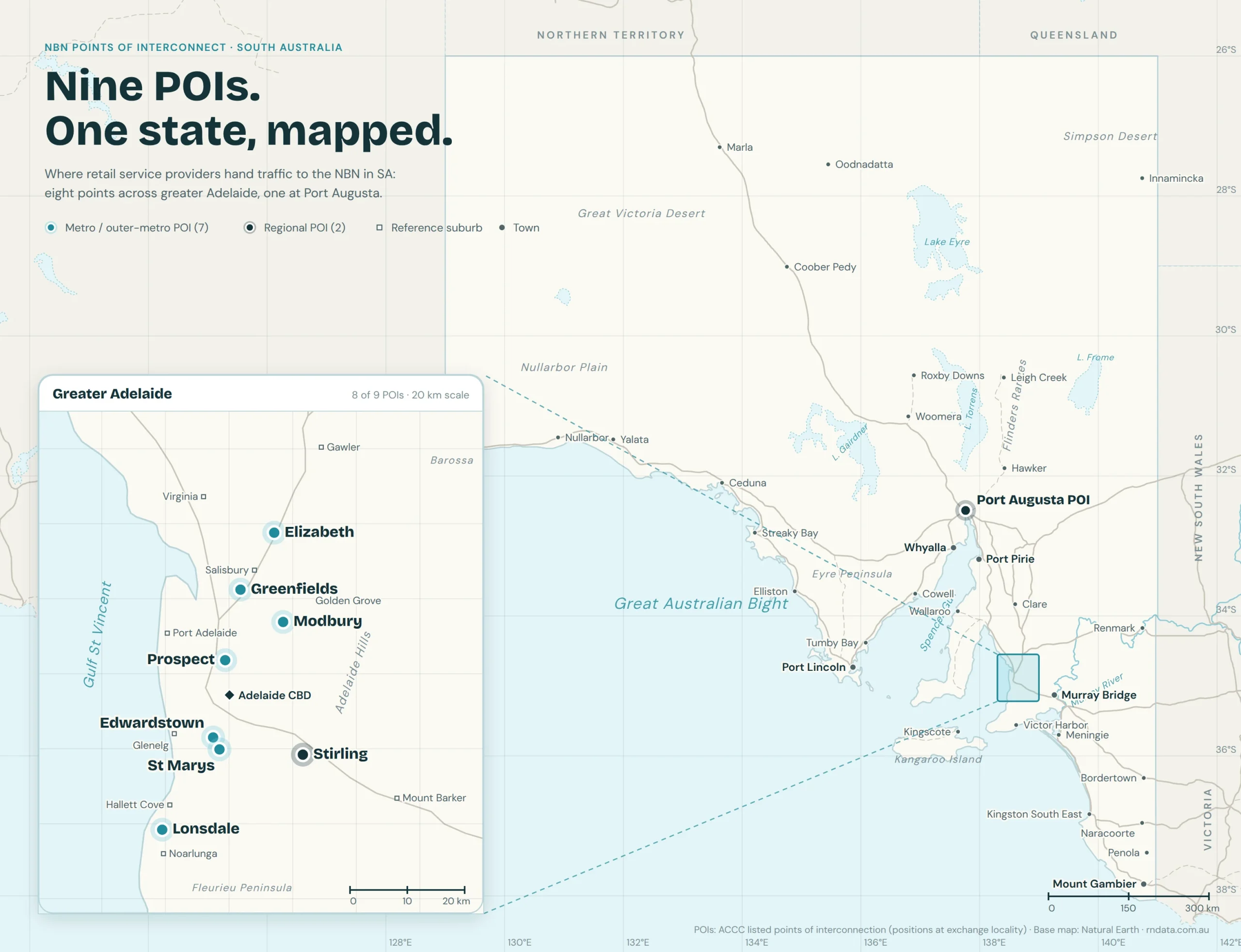 Map of the nine NBN points of interconnect in South Australia